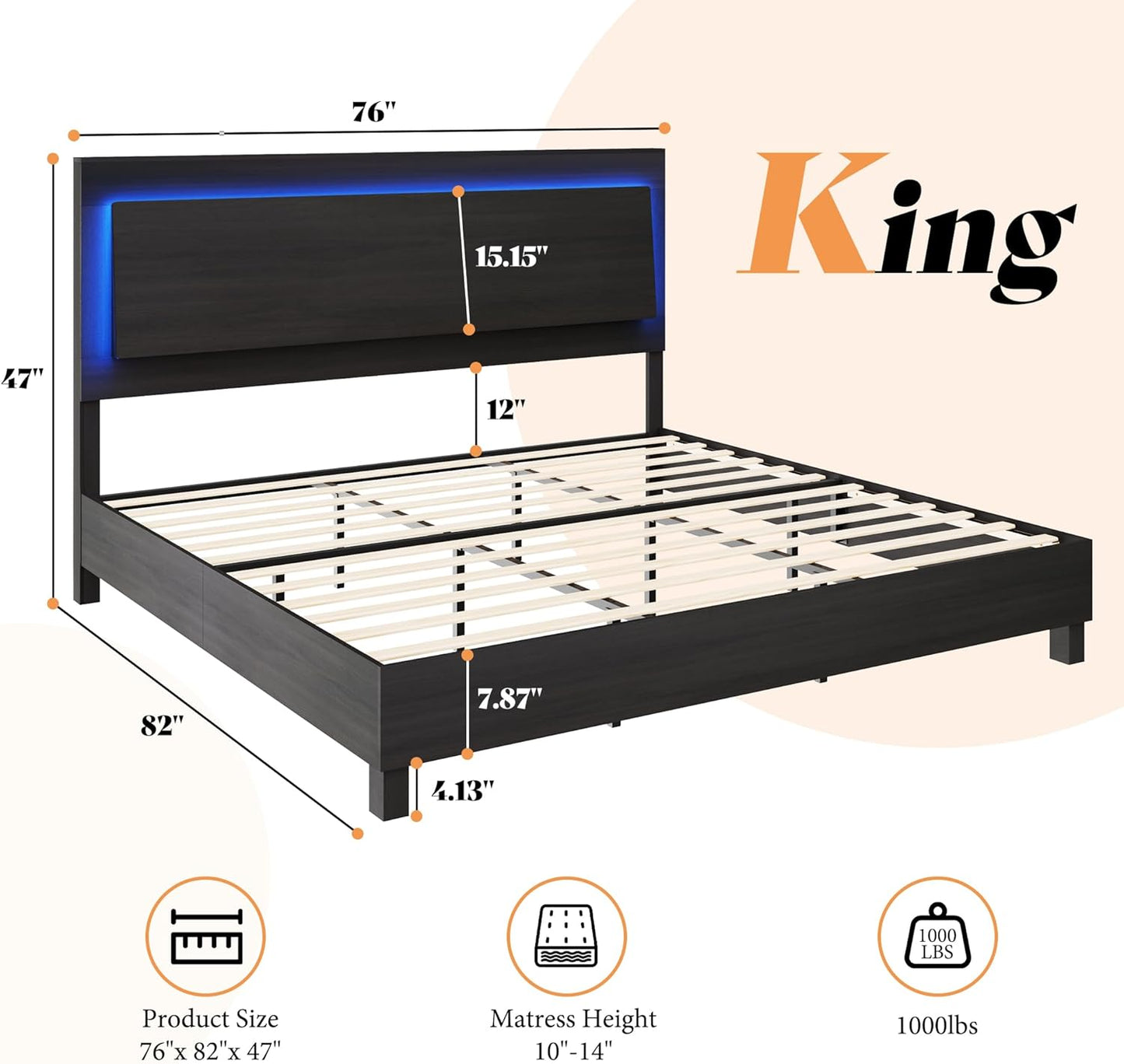 Wood Full Bed Frame with 47" Headboard, Rustic Platform Bed with LED Lights, Mattress Foundation with Wooden Slats Support, No Box Spring Needed/Noise Free, Black