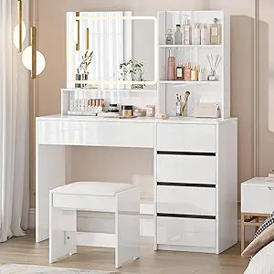 45" High Gloss Vanity Desk with Large Lighted Mirror, Makeup Vanity Table Set with Multiple Drawers & Tiers, 3 Color Modes Glass Mirror, Storage Makeup Cabinet with Hidden Handles, White