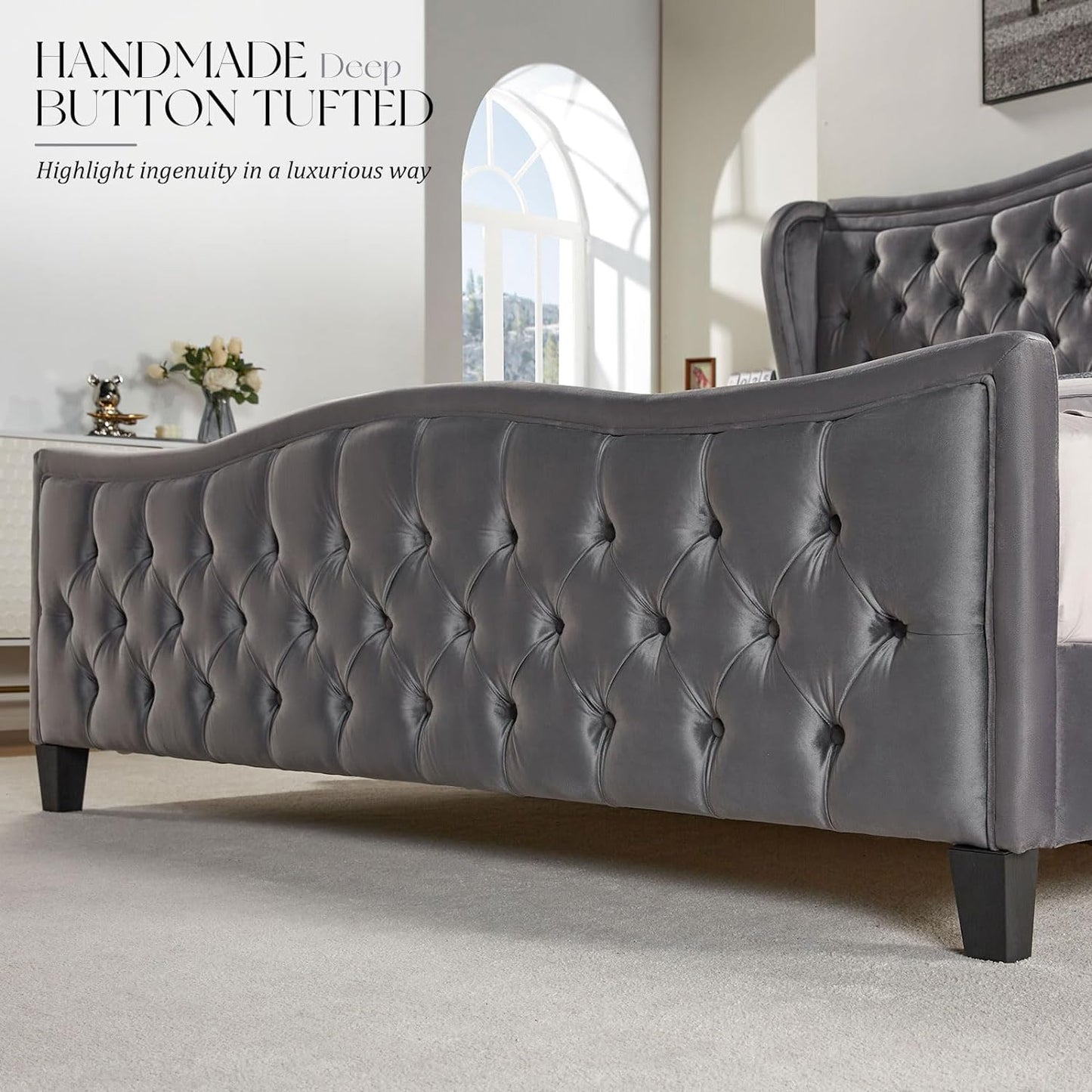 Queen Size Platform Bed Frame, Wavy Velvet Wingback Upholstered Bed with Handmade Deep Button Tufted 52.9" High Headboard & Footboard/No Box Spring Needed/Grey