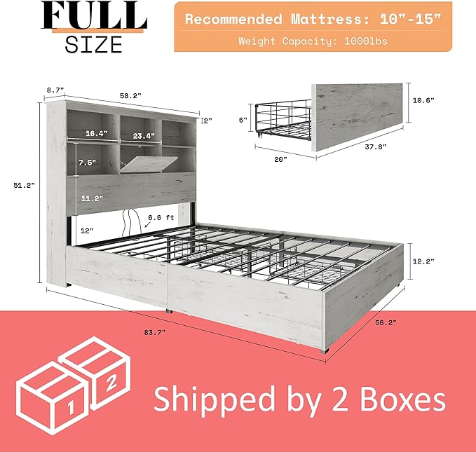 King Size Bed Frame Wooden Platform Bed with 51.2" Storage LED Bookcase Headboard, 4 Storage Drawers & Charging Station/No Box Spring Needed/Noise Free/Distressed White