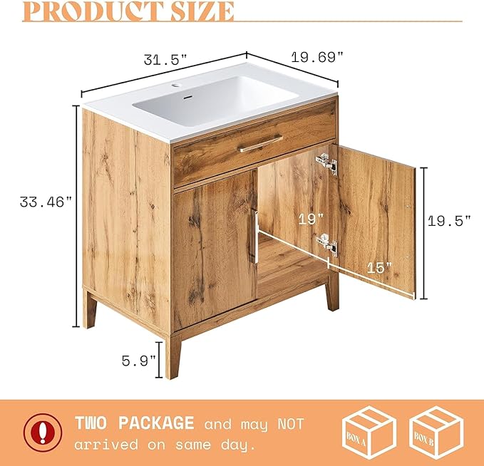 Wood Bathroom Vanity with Sink Combo, 39" High Gloss Freestanding Single Sink Bath Vanity, Modern Bathroom Sink Cabinet with 2 Soft Close Doors & Bright Handles, Yellow Oak