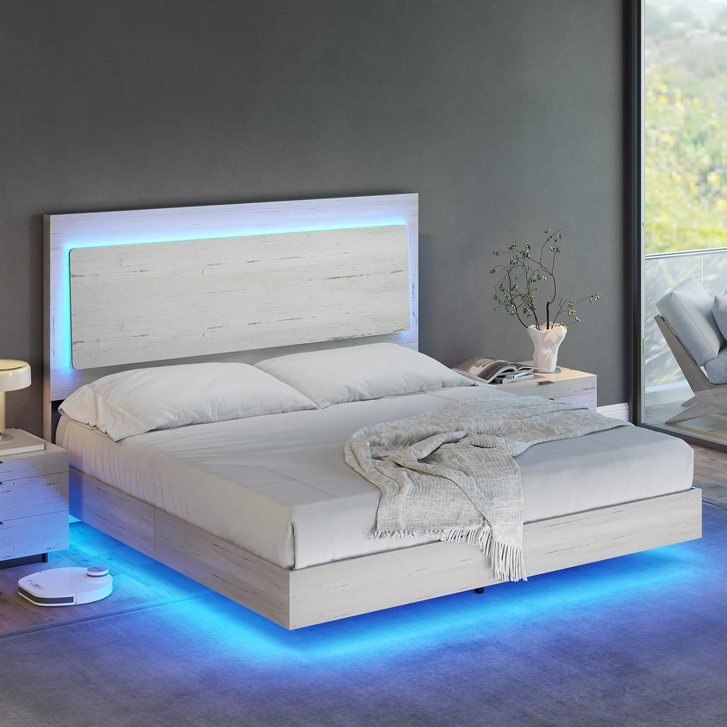 Bed Frame, Farmhouse Floating Bed Frame with Recline Headboard, Platform Bed with LED Light, No Box Spring Needed/Noise Free