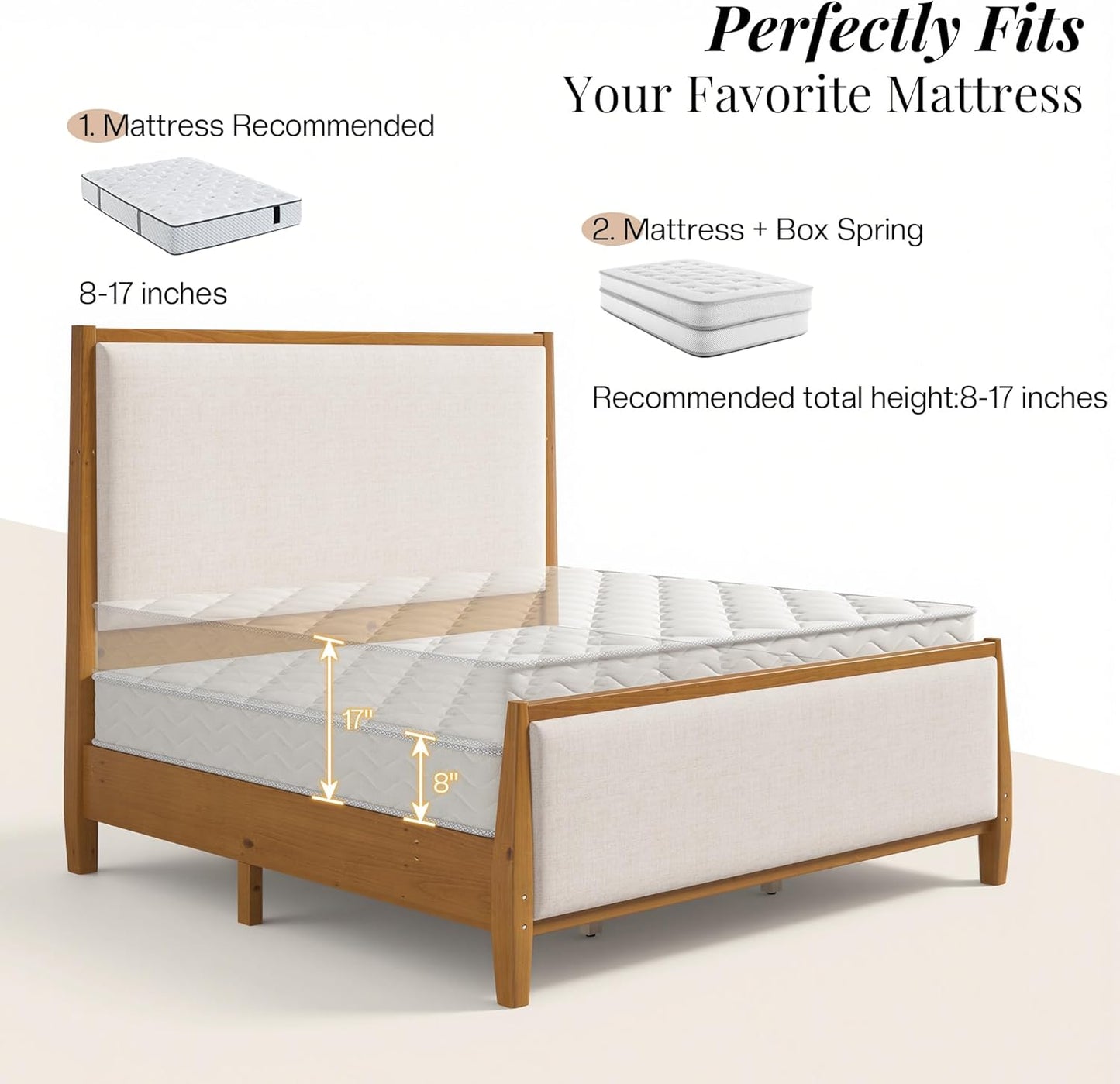 Jocisland 58" Tall Solid Wood Bed Frame with Upholstered Headboard & Footboard, Wooden Platform Bedframe, No Box Spring Needed, Easy Assembly, Modern Farmhouse Style