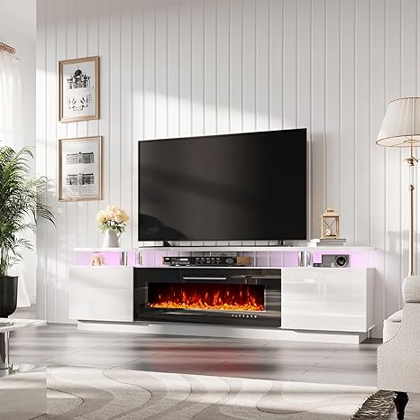 Fireplace TV Stand with 40" Fireplace, 80" Modern High Gloss Fireplace Entertainment Center LED Lights, 2 Tier TV Console Cabinet for TVs Up to 90", Obsidian Black