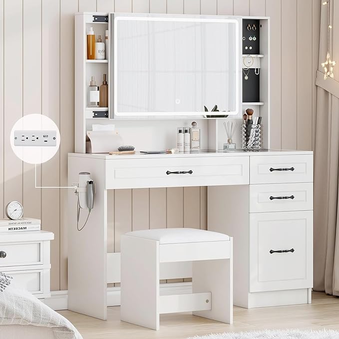 Makeup Vanity Table Set with Double Sliding & LED Lights Mirror, 45" Large Vanity with Charging Station, 4 Drawers & Multiple-Tiers Storage Dresser, Visible Glass Desk, 3 Lights Modes, White