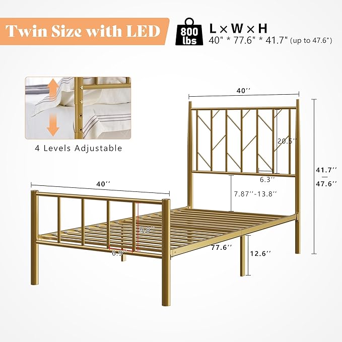 Twin Metal Bed Frame with Adjustable Headboard and LED Lights