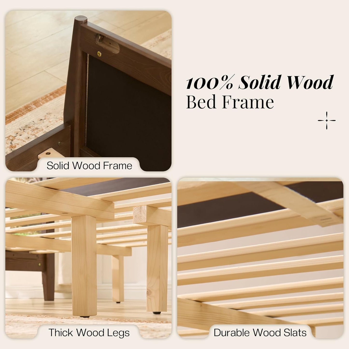 Jocisland 58" Tall Solid Wood Bed Frame with Upholstered Headboard & Footboard, Wooden Platform Bedframe, No Box Spring Needed, Easy Assembly, Modern Farmhouse Style