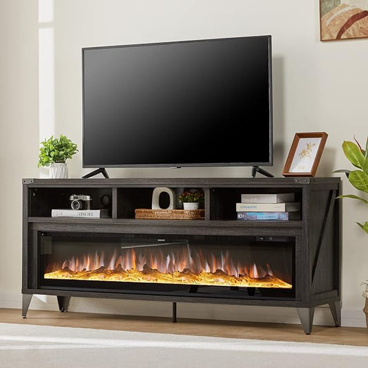 65" Fireplace TV Stand with 60" Glass Electric Fireplace, Industrial & Farmhouse Media Entertainment Center with Open Shelve Storage for TVs Up to 75", TV Console for Living Room, Gray