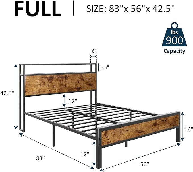 Full Size Bed Frame, Industrial Platform Bed with Charging Station, 2-Tier Storage Headboard/No Box Spring Needed/Noise-Free/Dark Brown