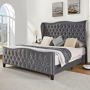 Queen Size Platform Bed Frame, Wavy Velvet Wingback Upholstered Bed with Handmade Deep Button Tufted 52.9" High Headboard & Footboard/No Box Spring Needed/Grey