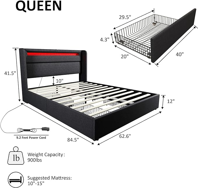 Queen Bed Frame with RGBW LED Lights Headboard & 4 Storage Drawers, Upholstered Smart Platform Bed with USB & USB-C Ports, Box Spring Optional, Dark Grey