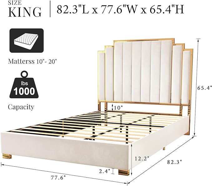 King Size Platform Bed Frame, 65" Velvet Upholstered Bed with Gold Trim Headboard/Wooden Slats/No Box Spring Needed/Cream