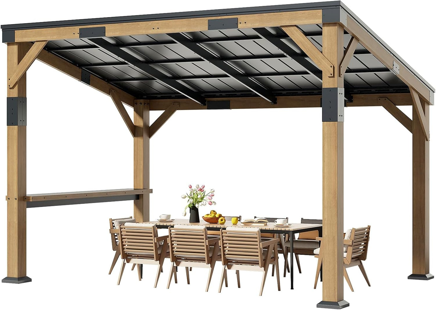 Solid Wood Gazebo with Metal Hardtop, Large Outdoor Pavilion with Sloped Roof