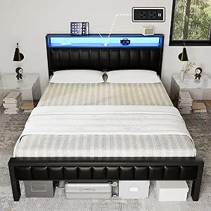 Queen Size Platform Bed Frame, LED Bed Frame with PU Leather & Charging Station, 2-Tier Storage Headboard/No Box Spring Needed/Noise Free, Black & Rustic Brown