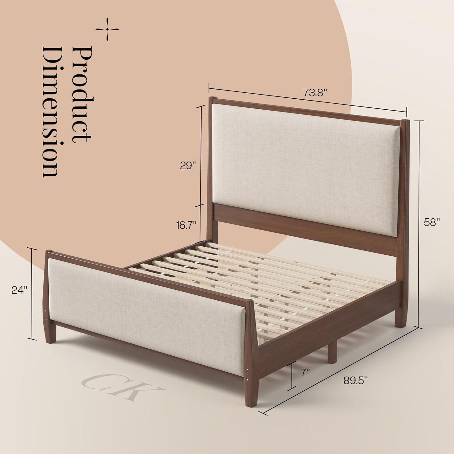 Jocisland 58" Tall Solid Wood Bed Frame with Upholstered Headboard & Footboard, Wooden Platform Bedframe, No Box Spring Needed, Easy Assembly, Modern Farmhouse Style