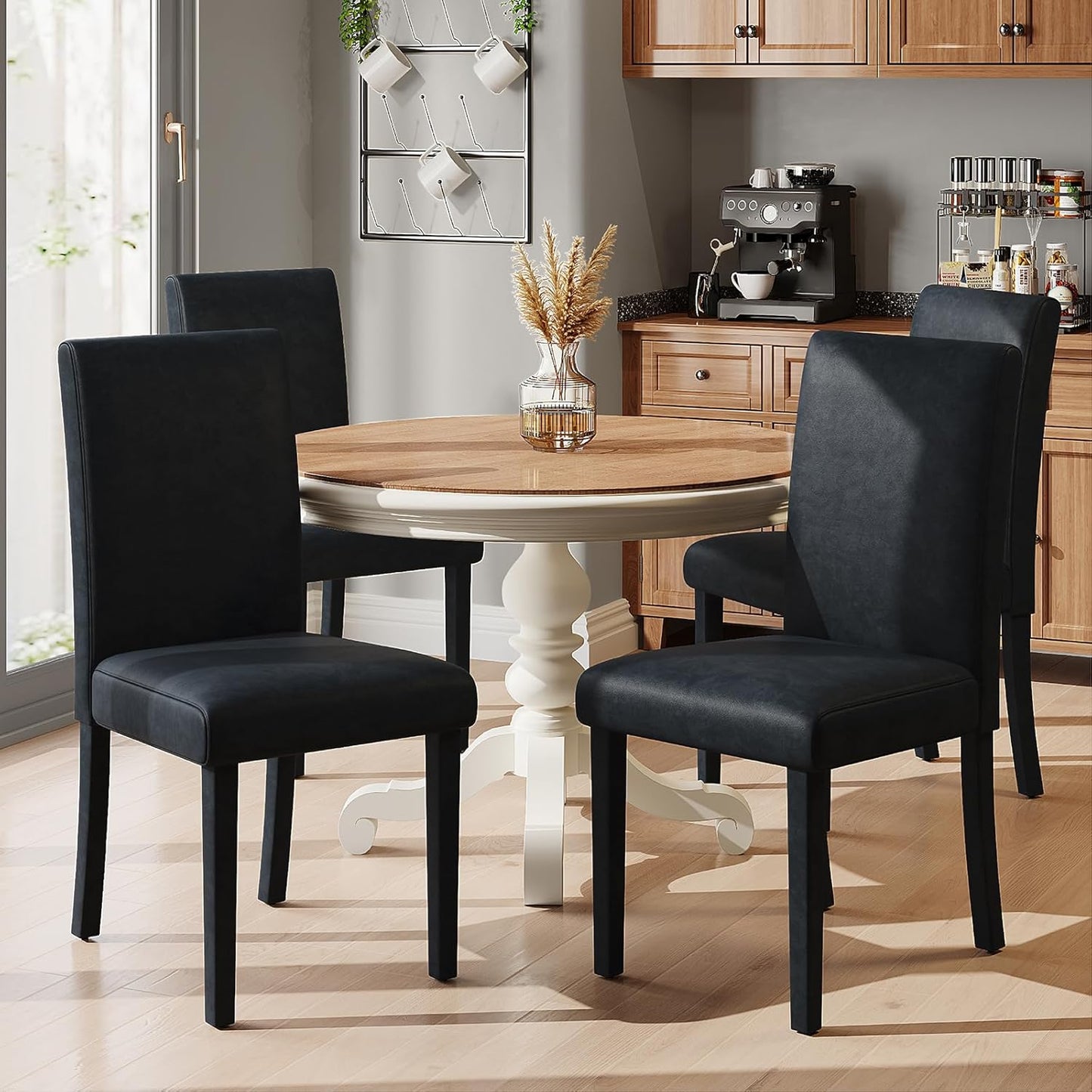 AMERLIFE Velvet Upholstered Dining Chairs Set of 2, Full Tufted Trim Dining Room Kitchen Side Chair with High Curved Back & Wood Legs, Modern Minimalist Parsons Chairs, Living Room, Bedroom, Black