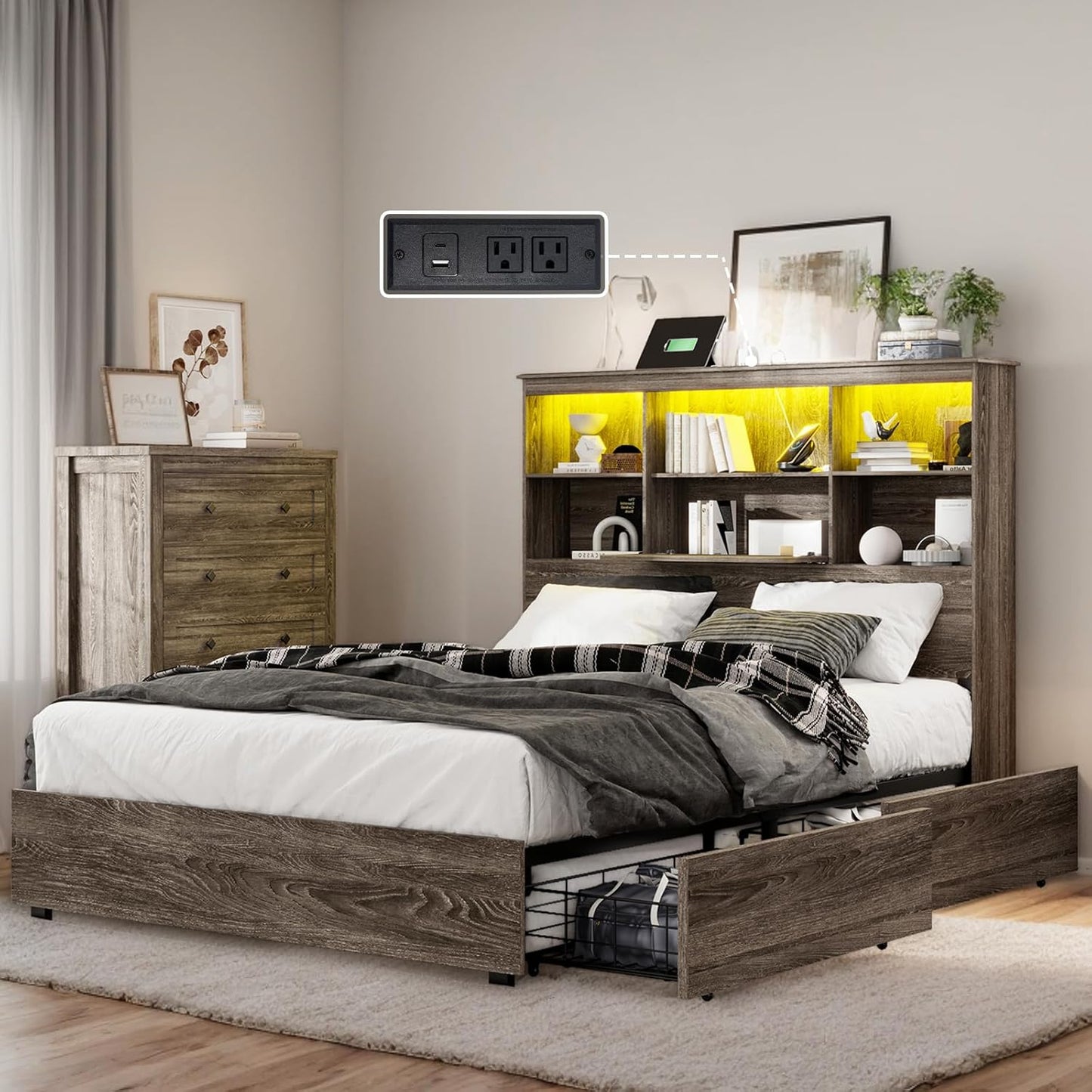 Bookcase Bed Frame with LED Headboard and 4 Drawers, Farmhouse Wood Storage Bed w