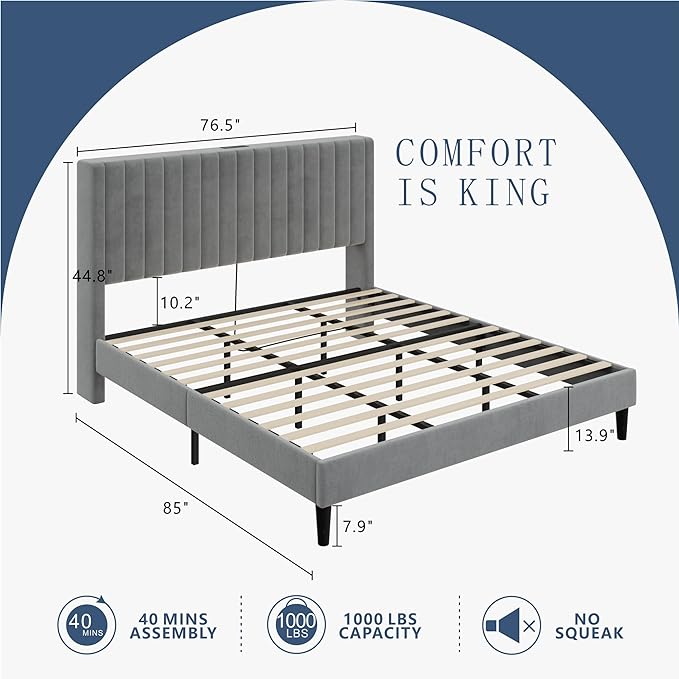 Full Size Bed Frame, Velvet Upholstered Platform Bed with Channel Tufted Headboard, Mattress Foundation with Wood Slats, No Box Spring Needed, Noise Free, White