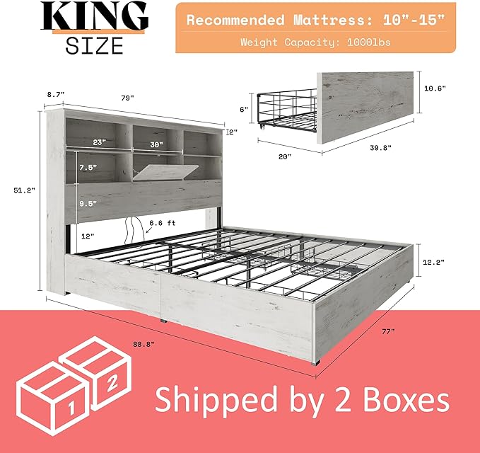 King Size Bed Frame Wooden Platform Bed with 51.2" Storage LED Bookcase Headboard, 4 Storage Drawers & Charging Station/No Box Spring Needed/Noise Free/Distressed White