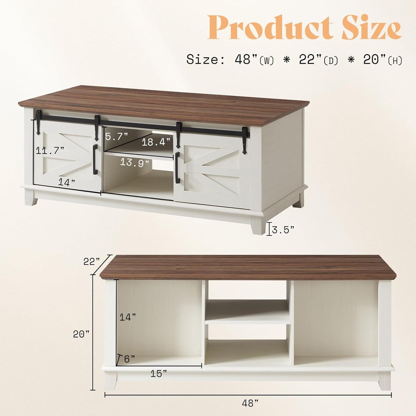 Farmhouse Table Set of 3, Coffee Table with Sliding Barn Doors, End Tables Set of 2 with Charging Station for Living Room & Bedroom, Sliding Barn Doors, 2 Tiers Storage Drawer