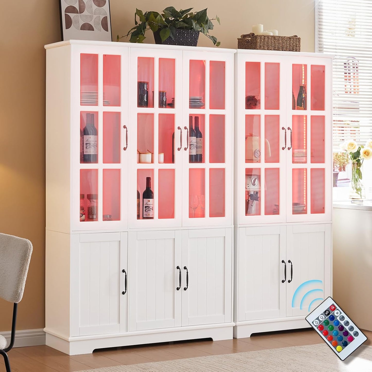 Merluxy 71" LED Storage Cabinet with Adjustable Shelves, Display & Kitchen Pantry, White