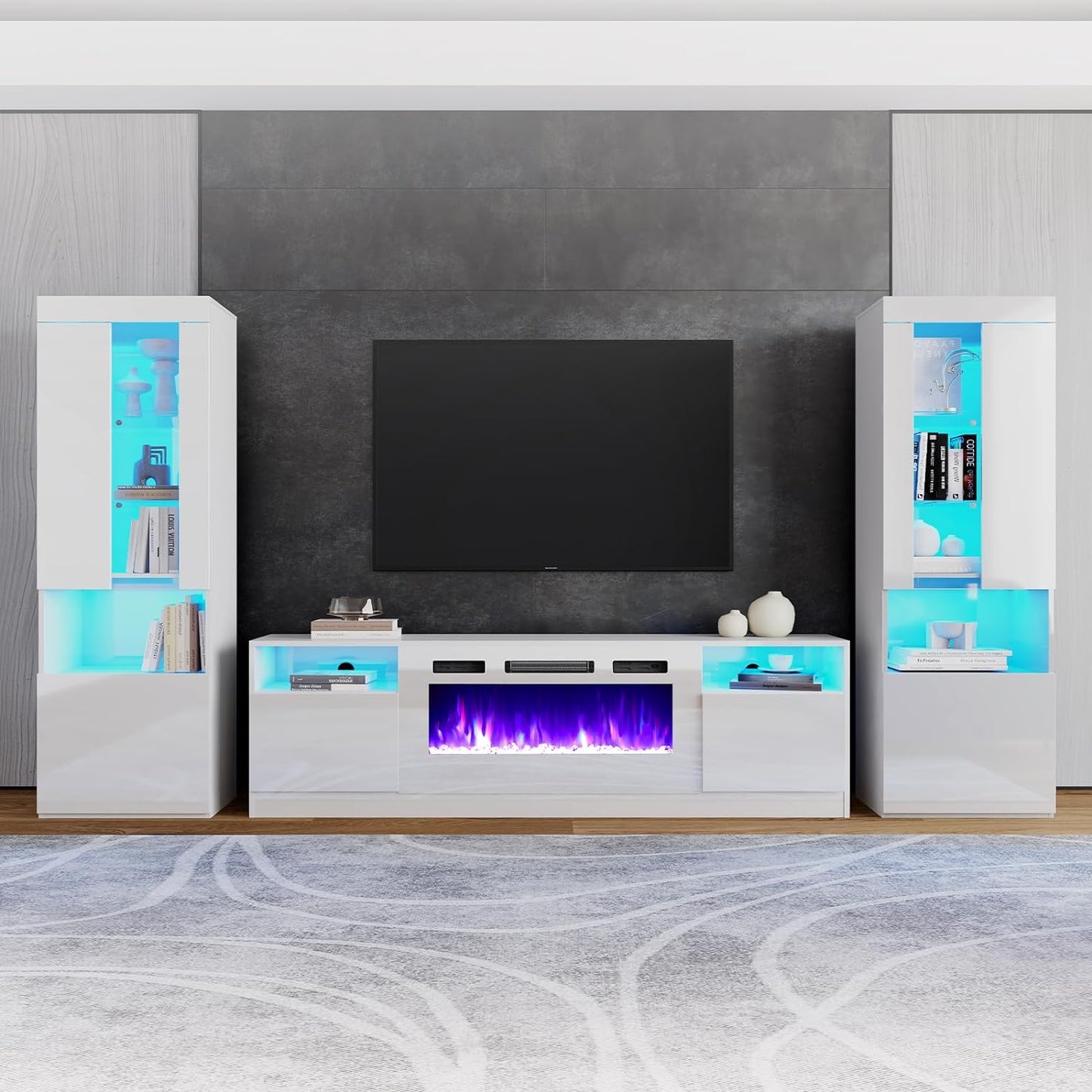 Fireplace Entertainment Center Set, includes 70" Fireplace TV Stand & 2 LED Highgloss Bookcases, Modern Storage Cabinets for TVs up to 80", Black