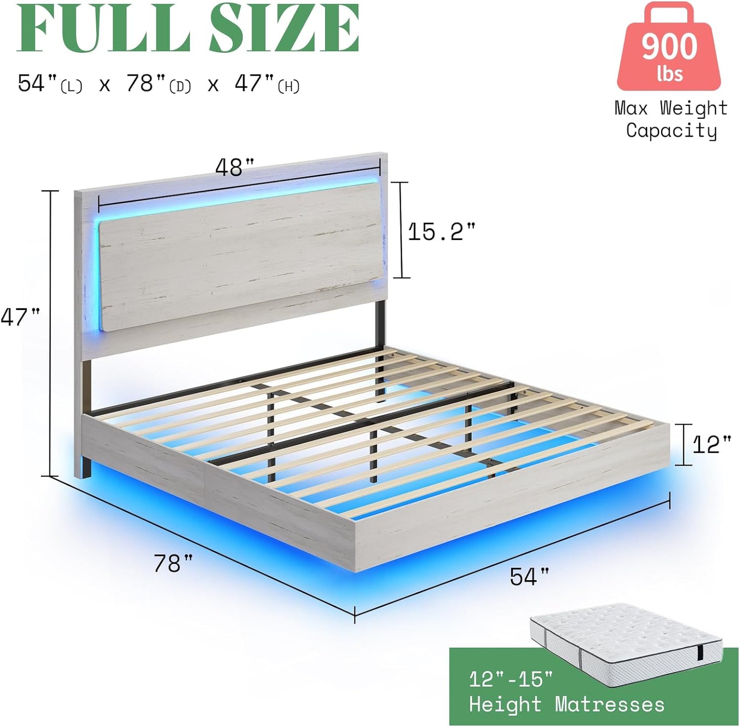 Bed Frame, Farmhouse Floating Bed Frame with Recline Headboard, Platform Bed with LED Light, No Box Spring Needed/Noise Free