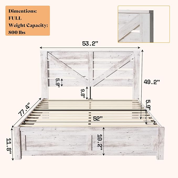 Queen Size Farmhouse Bed Frame with 49.2" Barn Door Headboard, Platform Bed Frame with Wood Slats, Under Bed Storage Space, Easy Assembly, Noisy Free, Distressed White