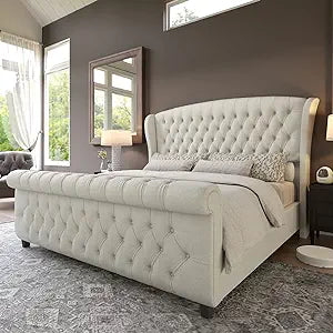 Queen Size Platform Bed Frame, Chenille Upholstered Sleigh Bed with Scroll Wingback Headboard & Footboard/Button Tufted/No Box Spring Required/Cream