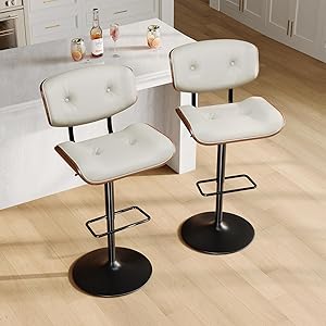 Adjustable Bar Stools Set of 2,Swivel Bar Stools with Back,Modern PU Leather Upholstered and Bentwood Bar Chair,Counter Stools for Bar, Kitchen, Dining Room