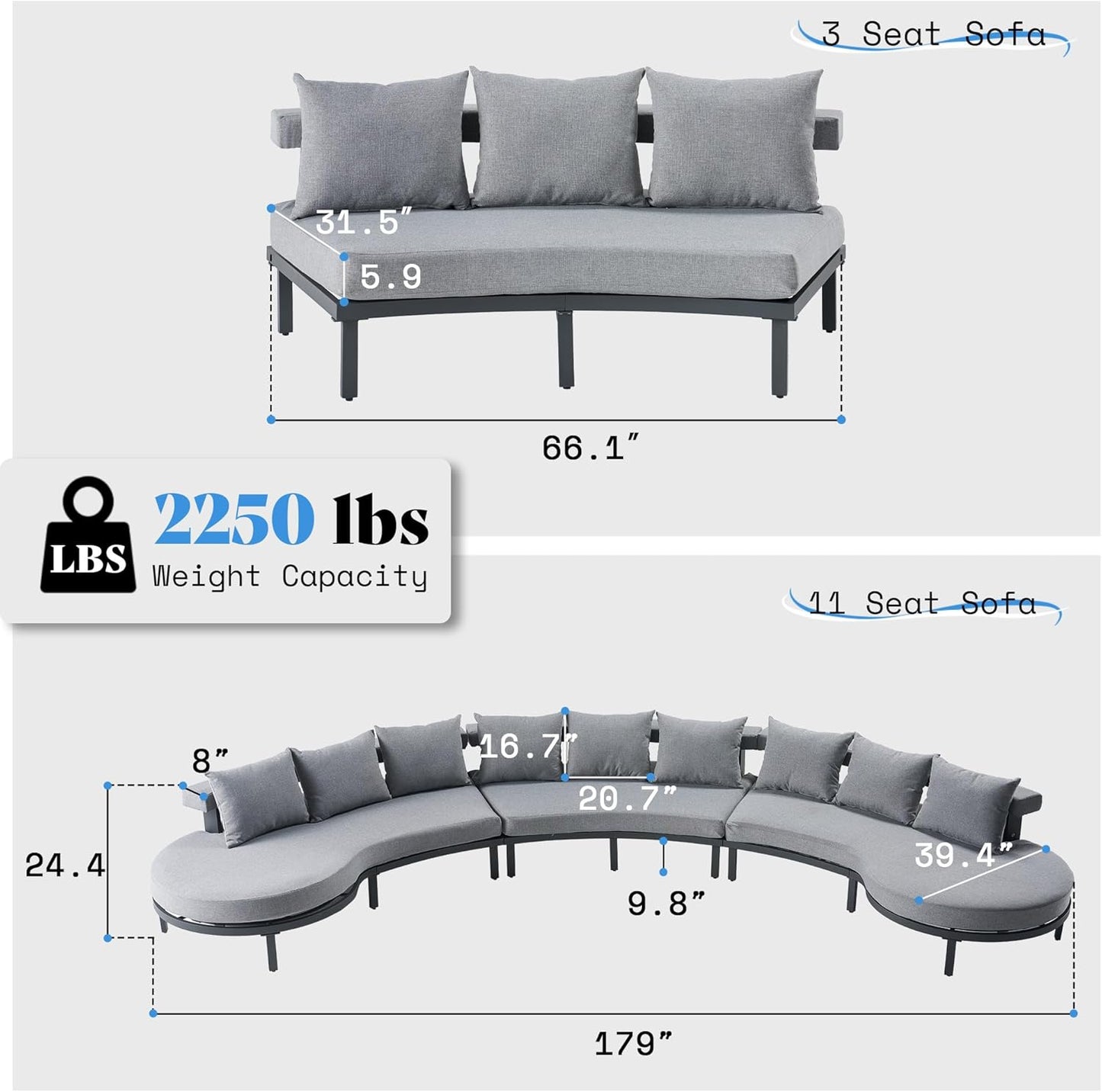 11 Seats Aluminum Patio Furniture Set, Curved Modular Outdoor Sectional Sofa with Cushions