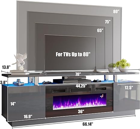 Fireplace TV Stand with 40" Fireplace, 80" Modern High Gloss Fireplace Entertainment Center LED Lights, 2 Tier TV Console Cabinet for TVs Up to 90", Cement Grey