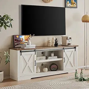 66" Farmhouse TV Stand for 75 Inches TVs, Entertainment Center with Sliding Barn Door and Adjustable Shelf & Feet, Console Table with Storage, Distressed White & Rustic