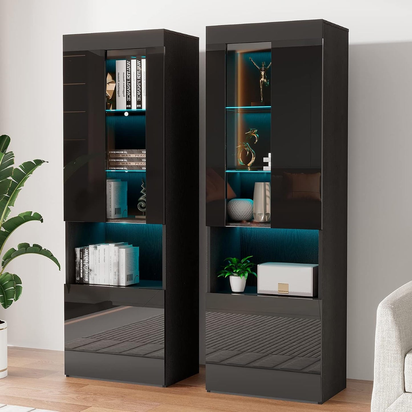 2 Piece 71in Tall Bookcase Storage Cabinet with Glass Doors, Modern High Gloss LED Bookshelf Display with 5 Tiers for Storage & Adjustable Glass Shelves for Living Room, Office