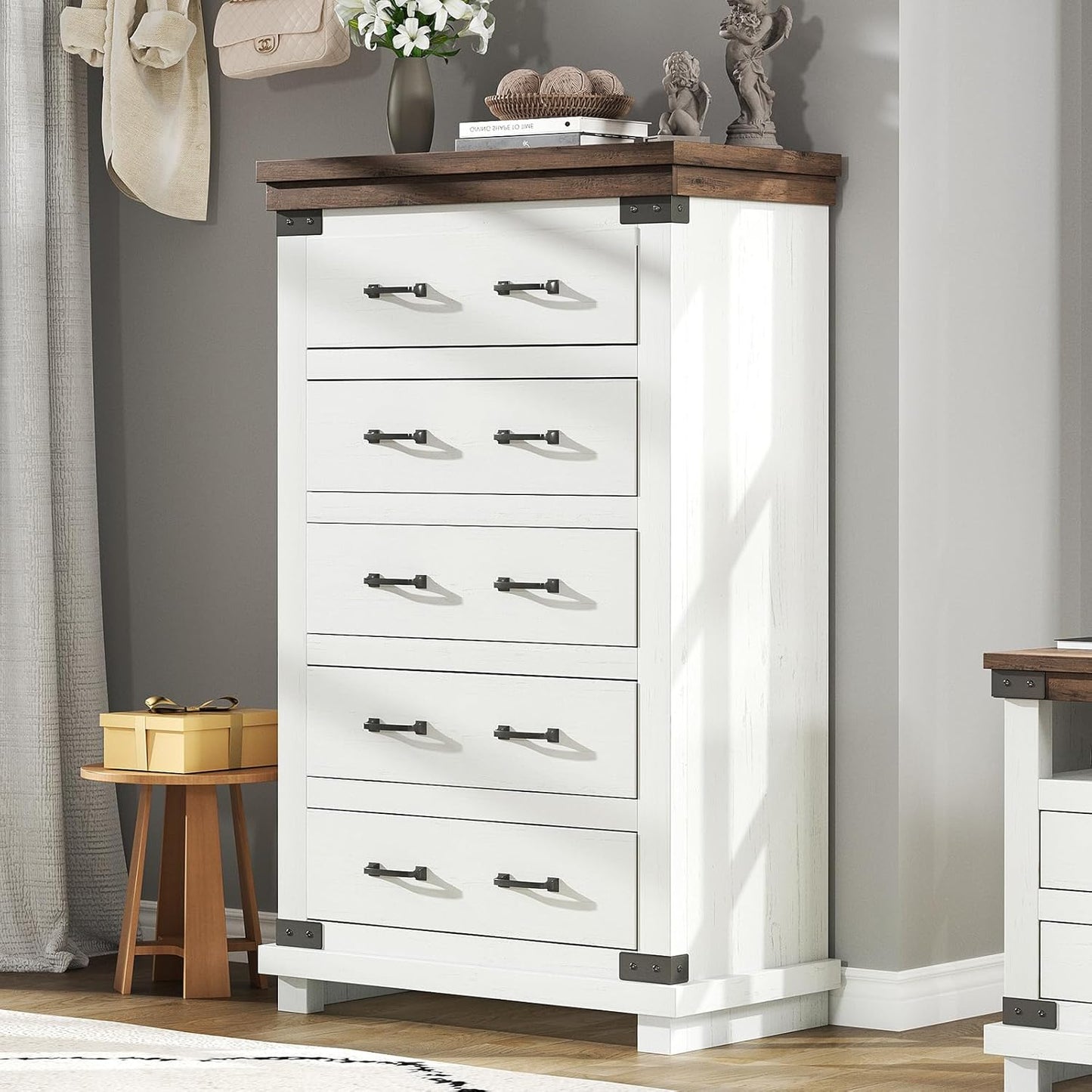 Farmhouse 5 Drawers Dresser Chests for Bedroom,Heavy Duty Closet Storage,Living Room,White