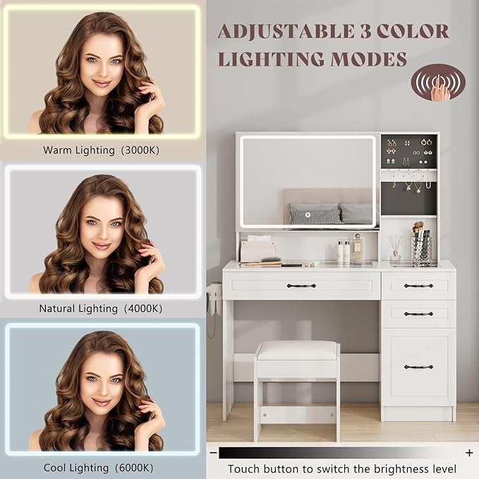 Makeup Vanity Table Set with Double Sliding & LED Lights Mirror, 45" Large Vanity with Charging Station, 4 Drawers & Multiple-Tiers Storage Dresser, Visible Glass Desk, 3 Lights Modes, White