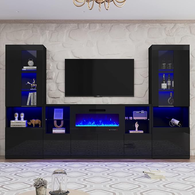 3 Piece Modern High Gloss Fireplace TV Stand + Bookcase Set for Living Room Includes 68" TV Stand with 40" Fireplace, 2 X Bookcase Storage Cabinet with Doors & 20 Colors LED Lights, Black