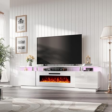 Fireplace TV Stand with 40" Fireplace, 80" Modern High Gloss Fireplace Entertainment Center LED Lights, 2 Tier TV Console Cabinet for TVs Up to 90", Obsidian Black