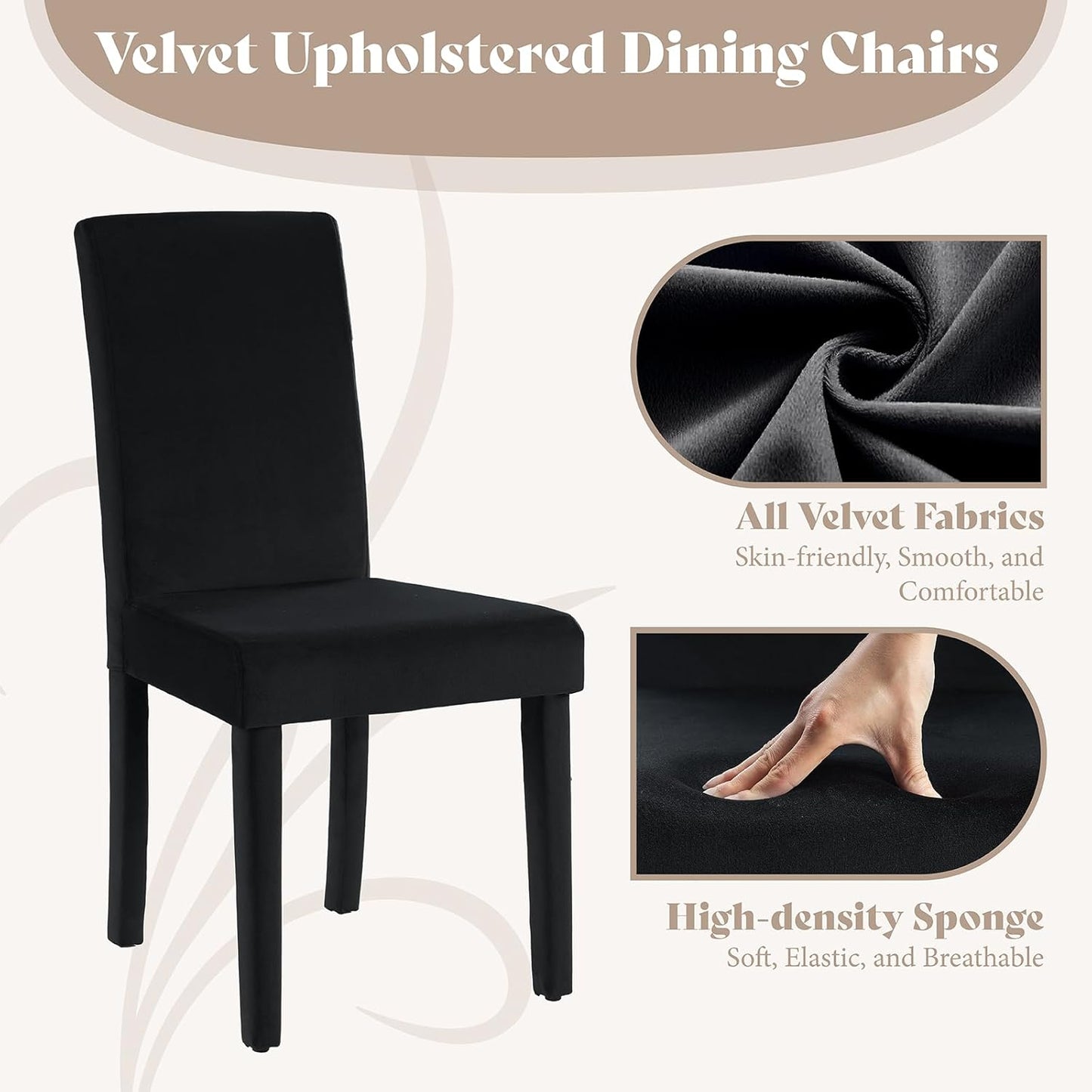AMERLIFE Velvet Upholstered Dining Chairs Set of 2, Full Tufted Trim Dining Room Kitchen Side Chair with High Curved Back & Wood Legs, Modern Minimalist Parsons Chairs, Living Room, Bedroom, Black