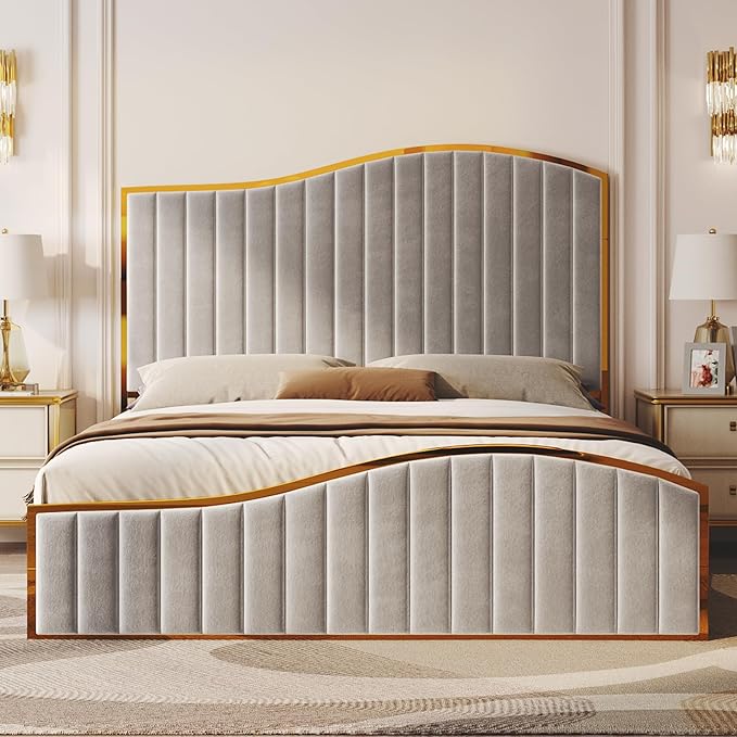 Queen Size Bed Frame, 61.4" High Headboard Platform Bed Velvet Upholstered with Gold Trim & Footboard/Wooden Slats/No Box Spring Required/Grey