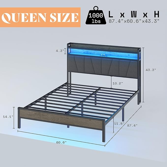 Queen Size Bed Frame with RGB Lights & Charging Station, LED Bed Frame with Storage Headboard Linen Upholstered, Heavy Duty Metal Slats, No Box Spring Needed, Rustic Grey