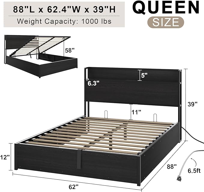 Full Size Lift Up Storage Bed Frame, Wooden Platform Bed Frame with Lifting Storage & Charging Station, No Spring Box Needed/Noise Free, Black