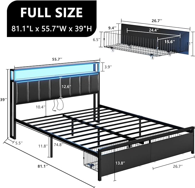 Queen Bed Frame with 2 Storage Drawers, LED Lights, Black