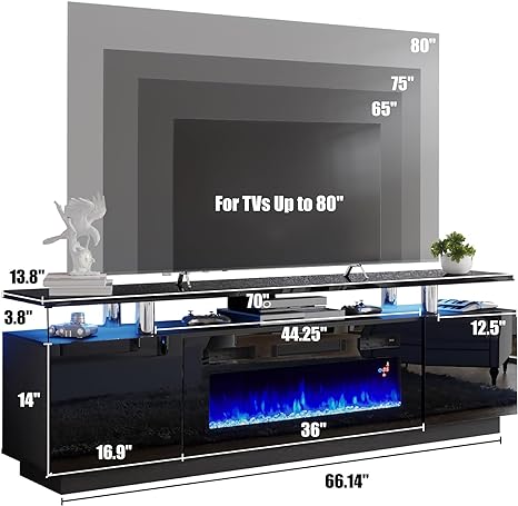 Fireplace TV Stand with 40" Fireplace, 80" Modern High Gloss Fireplace Entertainment Center LED Lights, 2 Tier TV Console Cabinet for TVs Up to 90", Obsidian Black