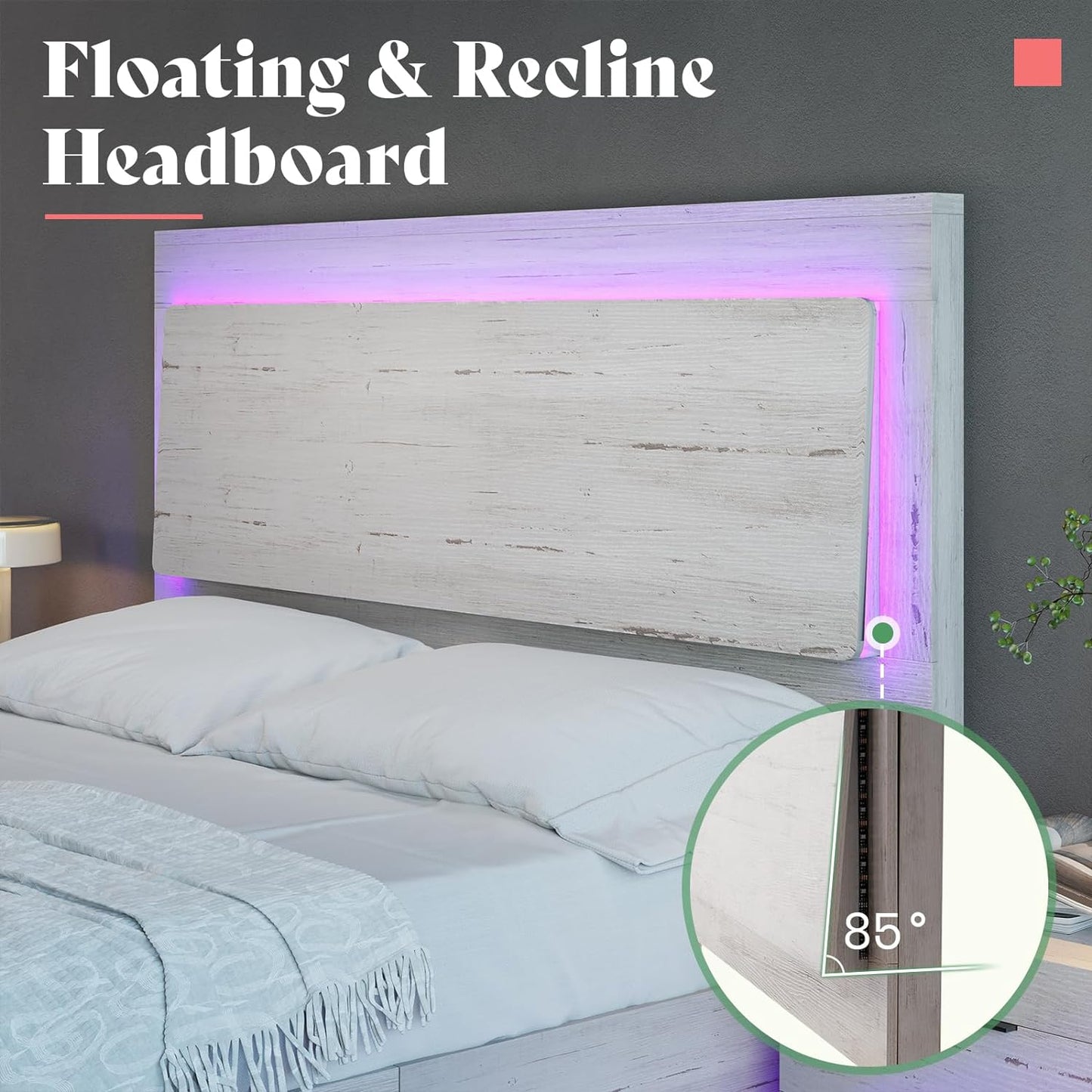 Bed Frame, Farmhouse Floating Bed Frame with Recline Headboard, Platform Bed with LED Light, No Box Spring Needed/Noise Free