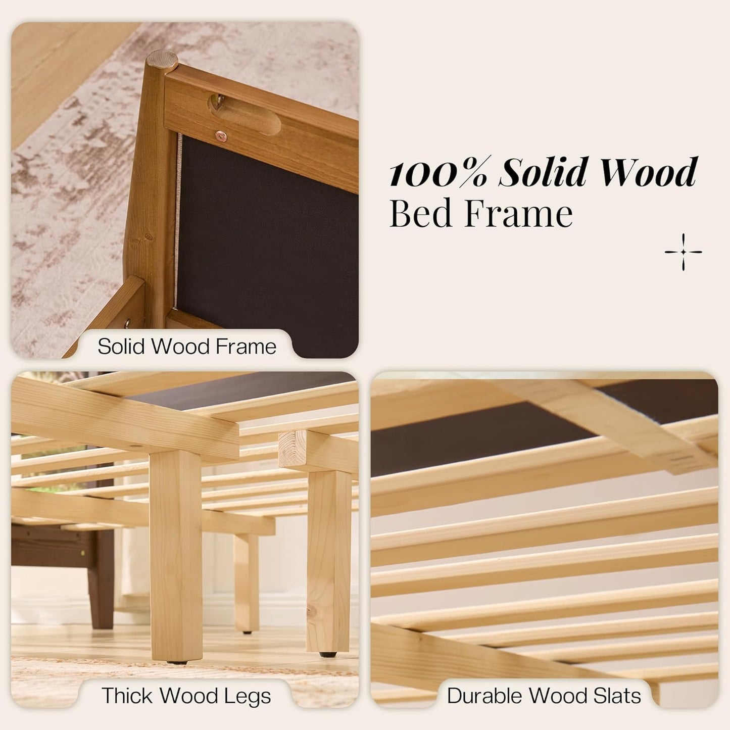 Jocisland 58" Tall Solid Wood Bed Frame with Upholstered Headboard & Footboard, Wooden Platform Bedframe, No Box Spring Needed, Easy Assembly, Modern Farmhouse Style