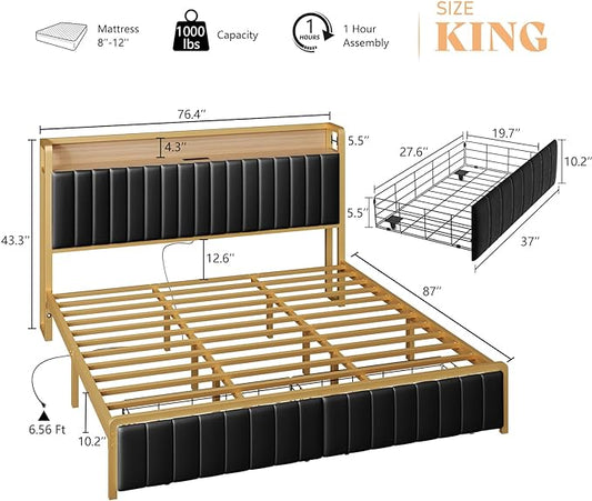 Full Size Bed Frame with Motion Sensor Light, Upholstered Platform Bed with Integrated Drawer,Storage Headboard/Charging Station/Noise Free/Easy Assembly, Gold & Black