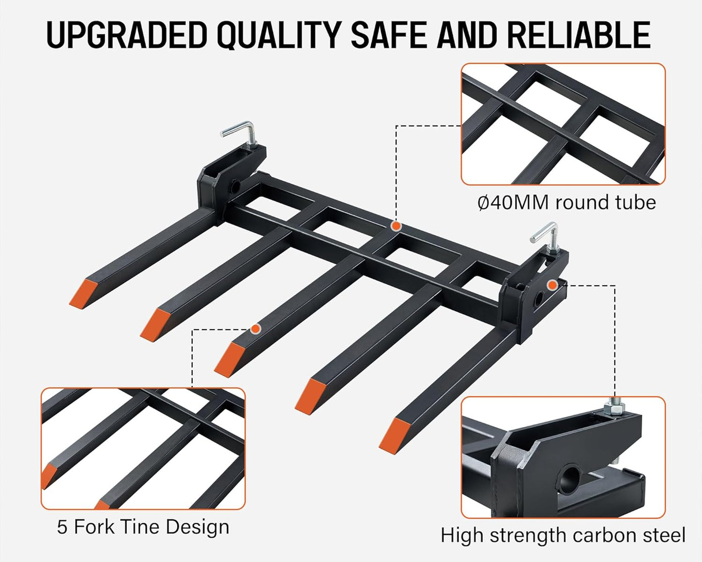 Pallet Forks for Tractor Forks to 48”, 2500 lbs Capacity Heavy-Duty 5-Tine Bucket Forks, double nut construction, to Clean Debris, or Backyard Trash, Black
