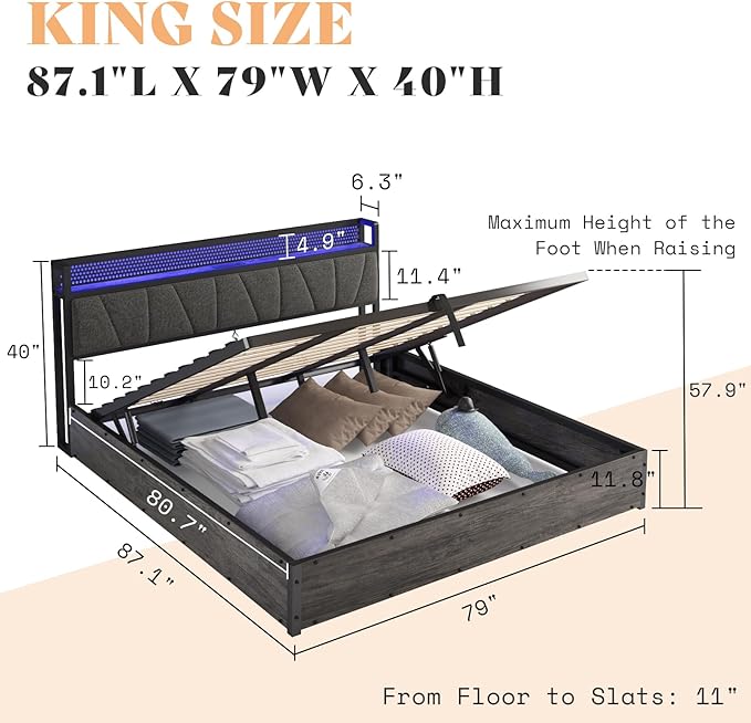 Queen Size Lift Up Bed Frame with Linen Upholstered & LED Light & Storage Headboard, Platform Bed Frame with Charging Station, No Box Spring Needed, Noisy Free, Rustic Grey