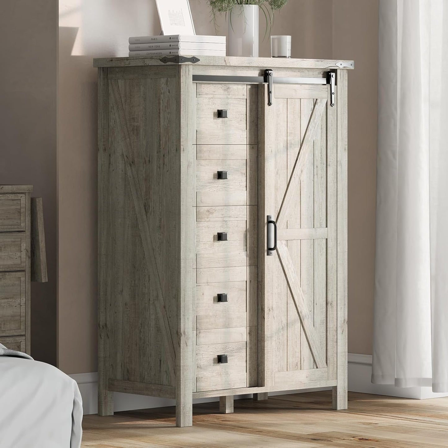 Farmhouse Sideboard Buffet Cabinet with 5 Drawers & Sliding Barn Door for Living Room, White